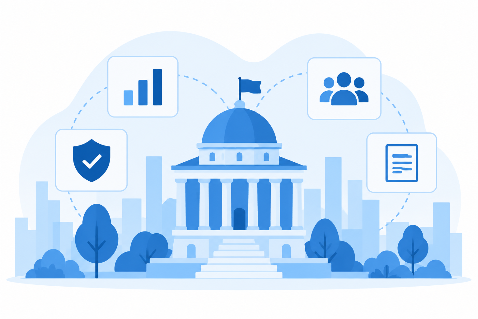 Able GOV civic technology illustration with government building, analytics and security elements